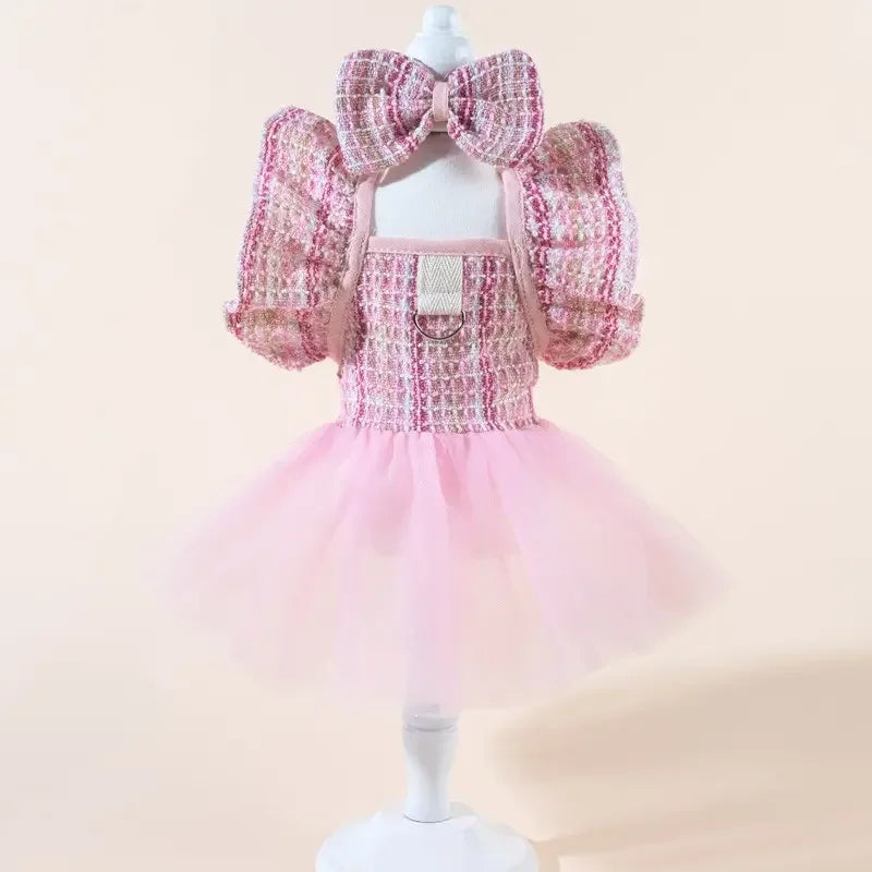Cute Printed Pet Dress With Bow And Elastic Mesh Skirt