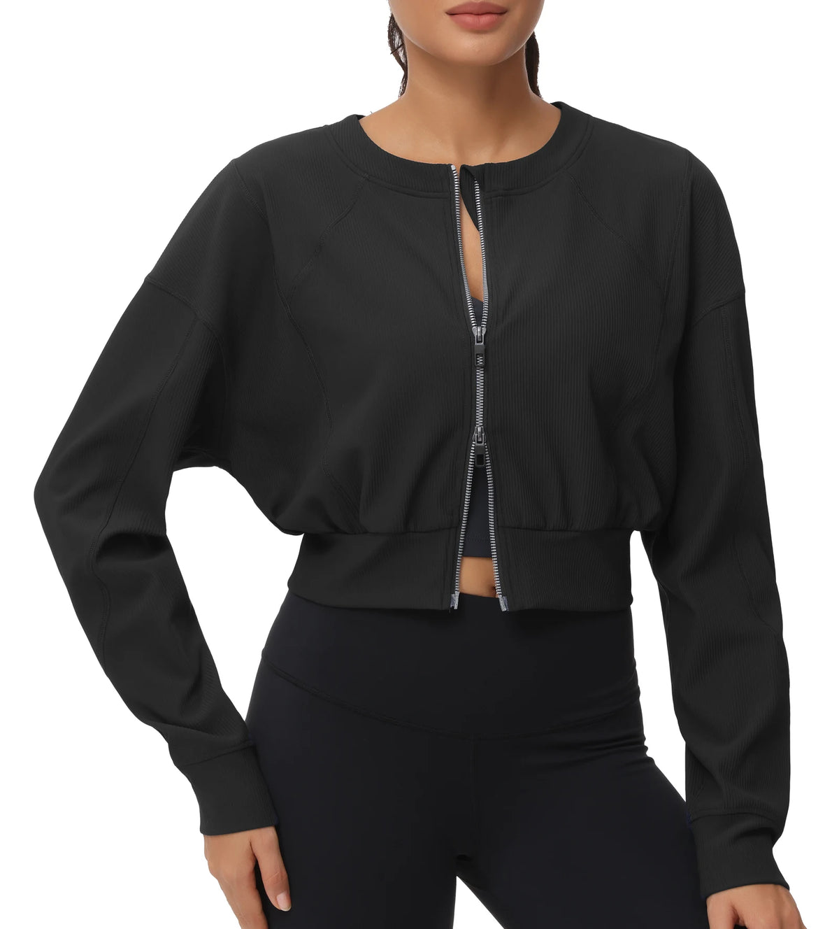 THE GYM PEOPLE Women's Cropped Full Zip Ribbed Workout Jacket