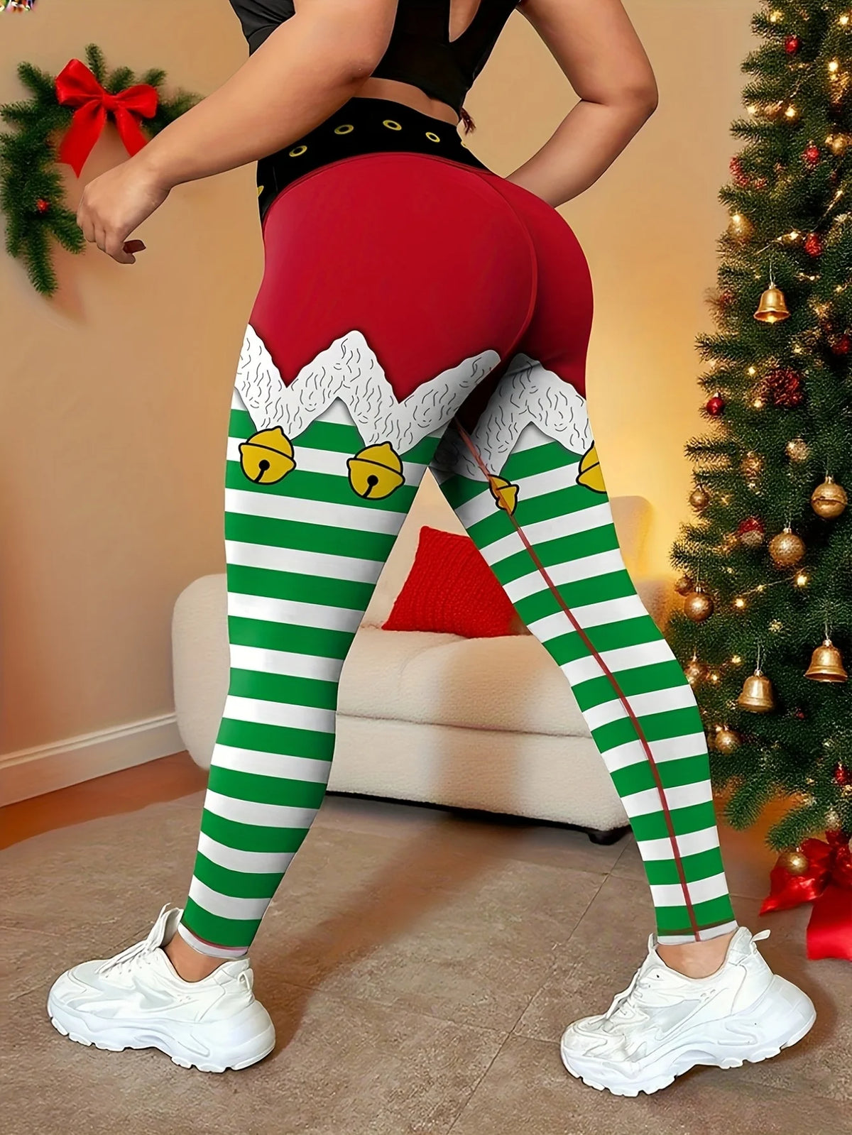 Women's Christmas Elf Print High Waist Yoga Leggings