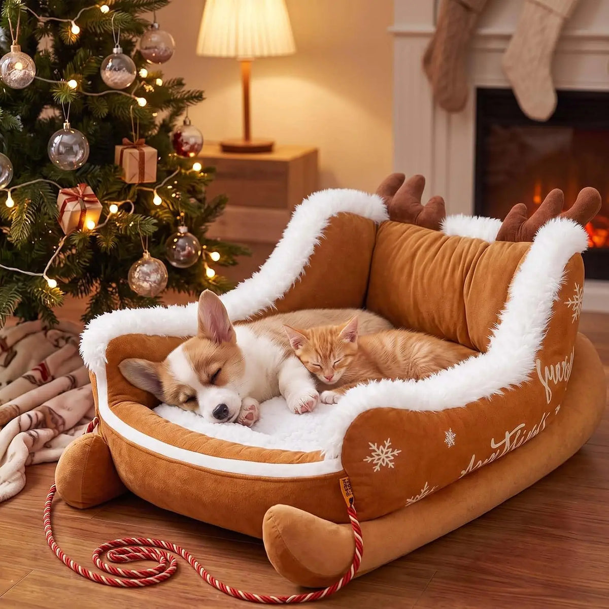 Christmas Dog Sleigh Bed With Plush Calming Raised Sides
