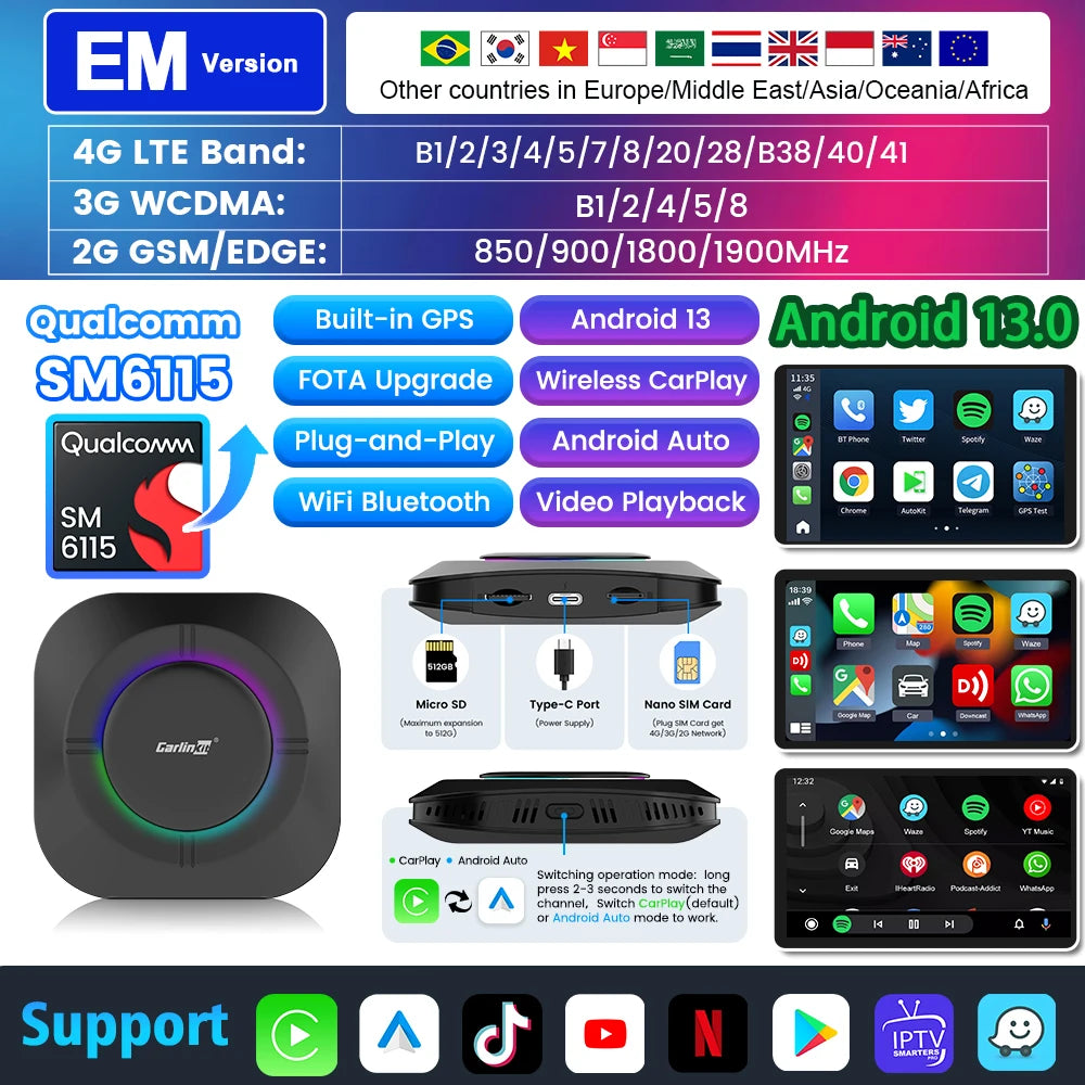 Carlinkit Ai Box Wireless CarPlay Adapter Qualcomm Processor