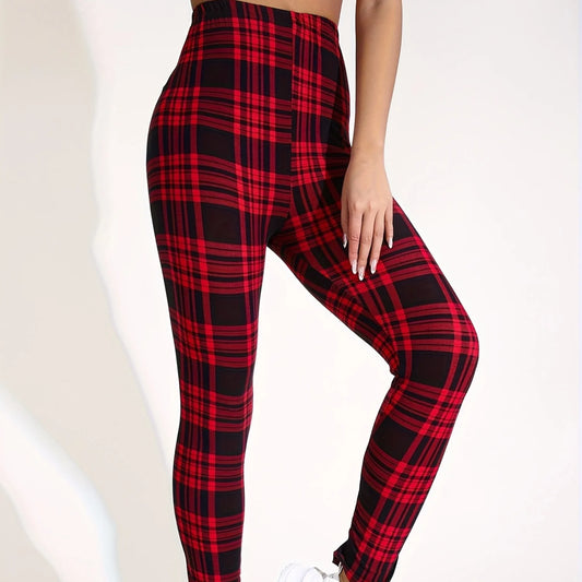Women's High Waist Plaid Print Yoga Leggings With Utility Pockets