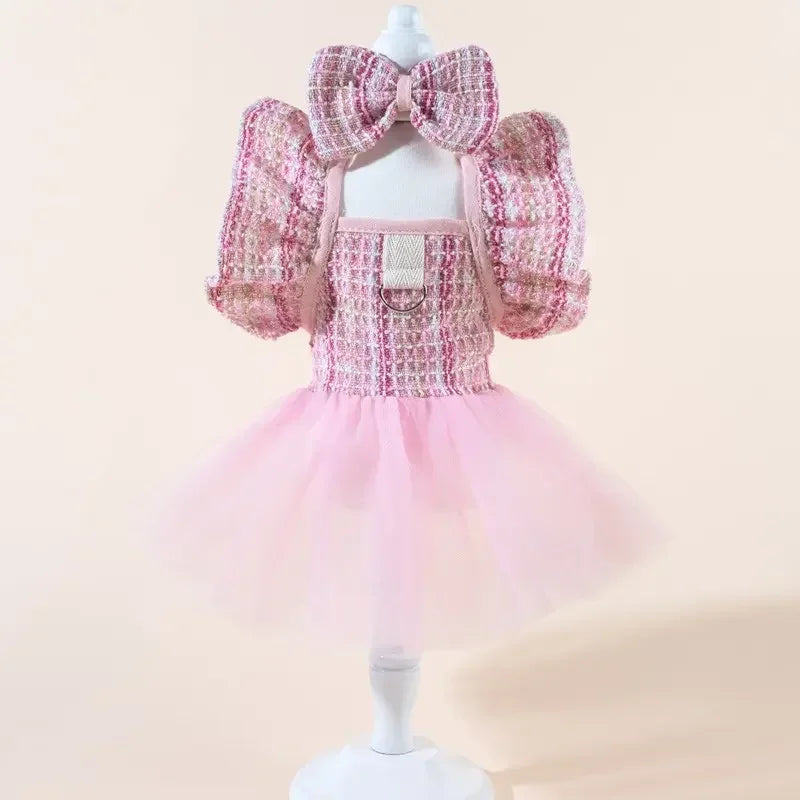 Cute Printed Pet Dress With Bow And Elastic Mesh Skirt