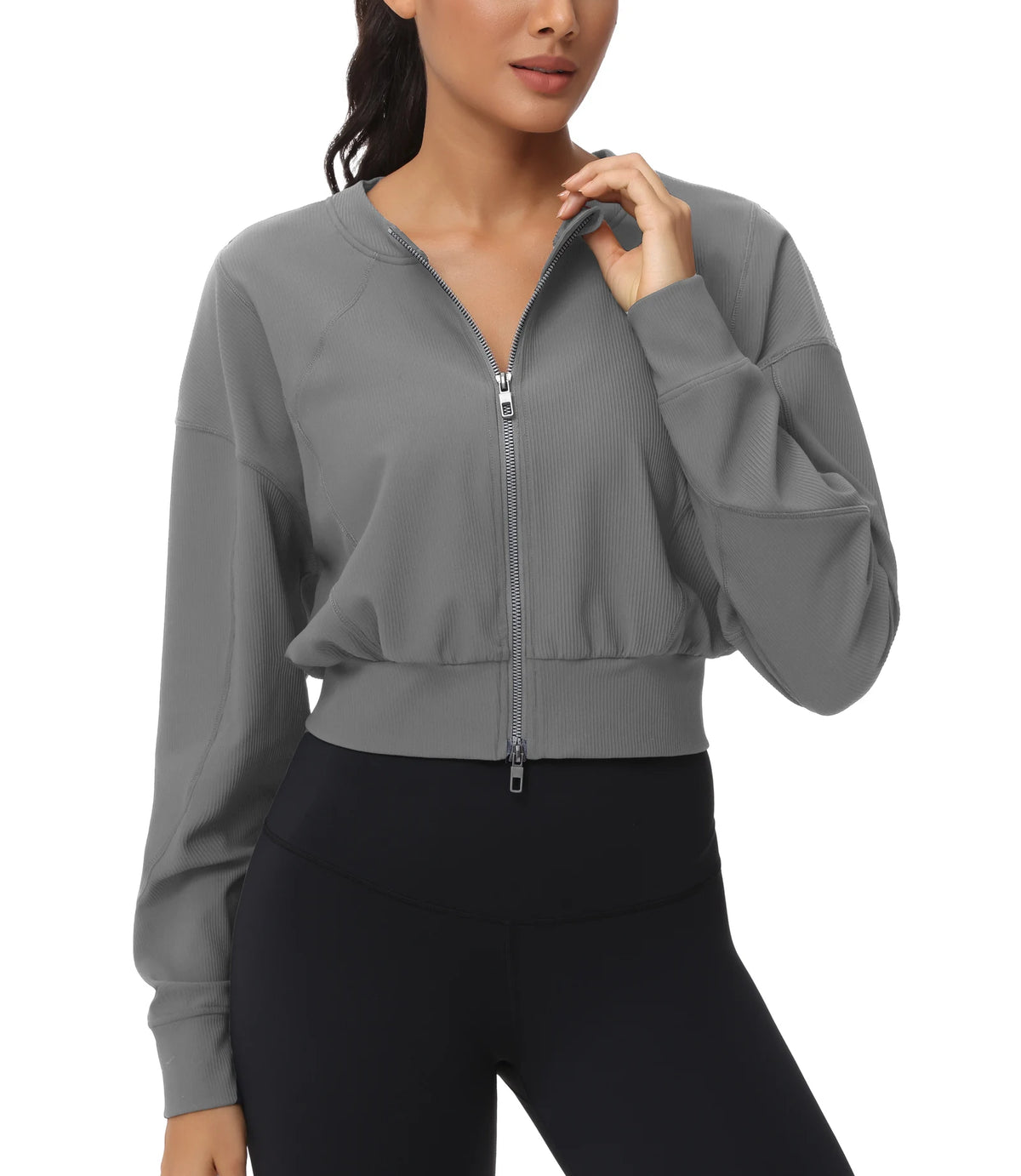 THE GYM PEOPLE Women's Cropped Full Zip Ribbed Workout Jacket
