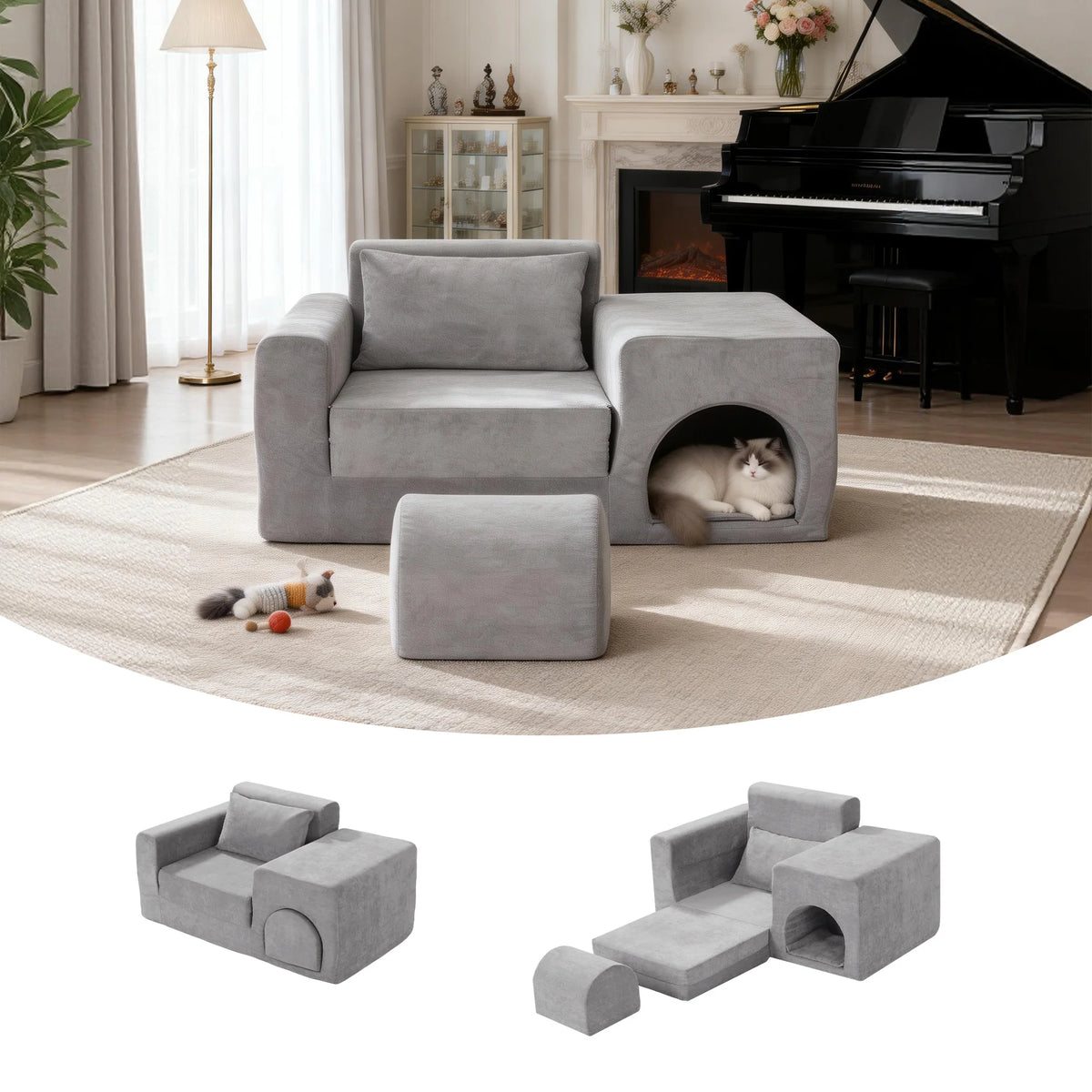 5-in-1 No Assembly Pet Friendly Sofa Bed with Ottoman