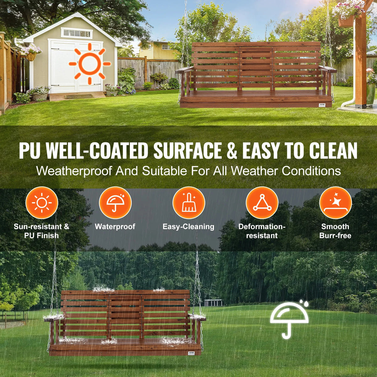 SucceBuy Cedar Wood Outdoor Porch Swing Bench With Steel Chains