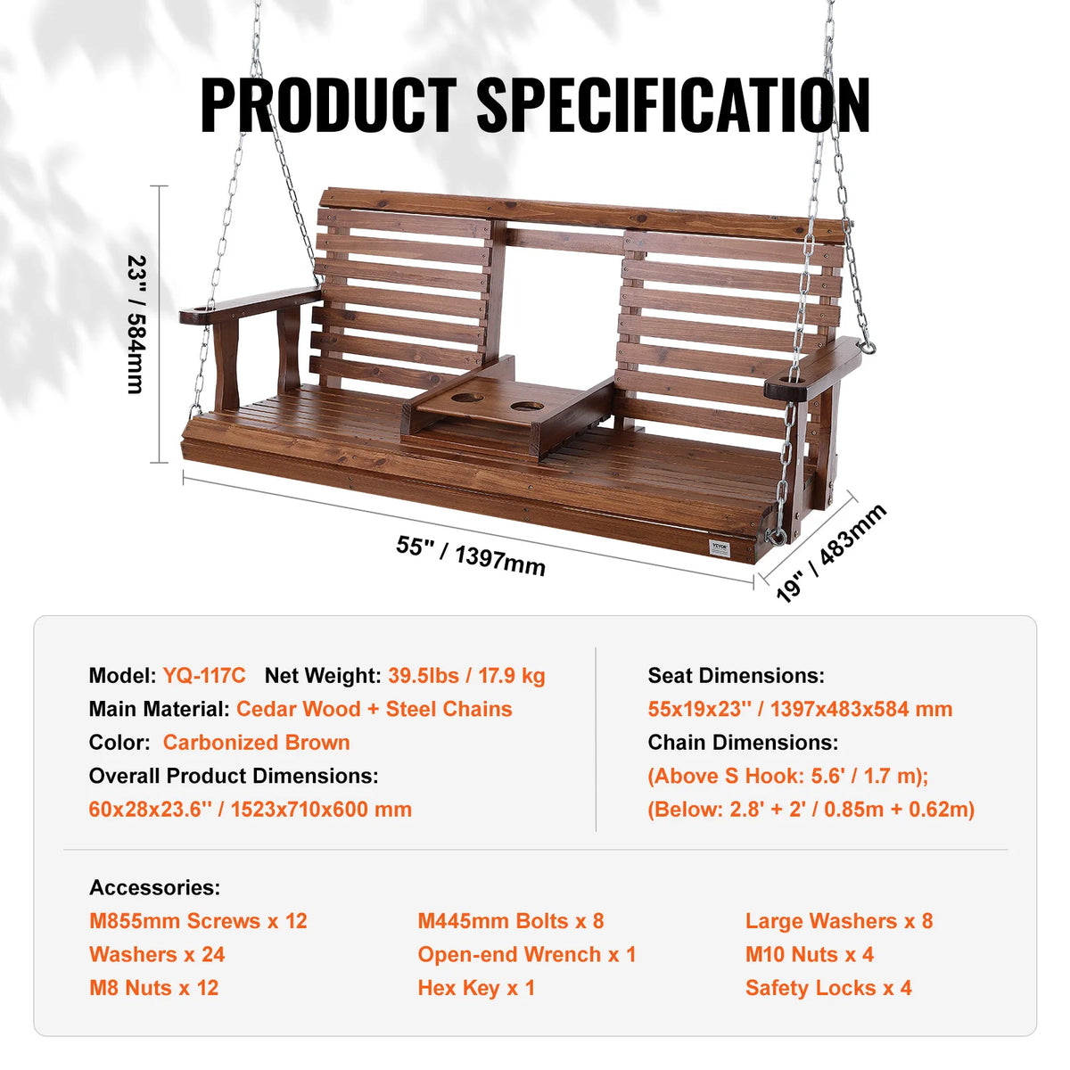 SucceBuy Cedar Wood Outdoor Porch Swing Bench With Steel Chains