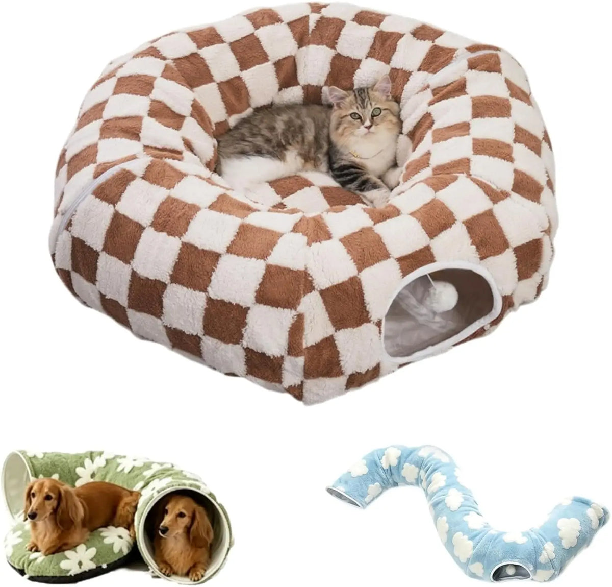 Flower Plush Dachshund Tunnel Bed With Foldable Pet Sofa