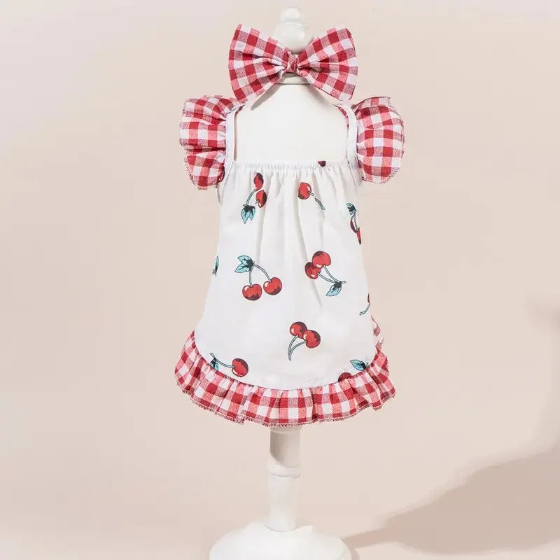Printed Pet Princess Dress With Bow And Elastic Mesh Design