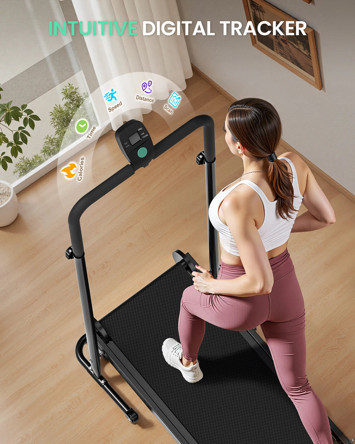 AKLUER Motorless Treadmill With Dual Flywheel Fixed Incline LCD Monitor