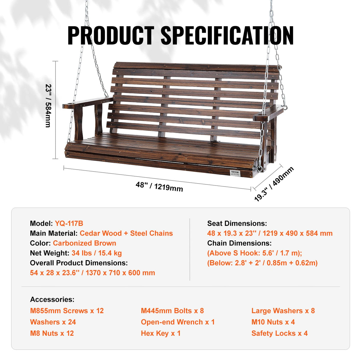 SucceBuy Cedar Wood Outdoor Porch Swing Bench With Steel Chains