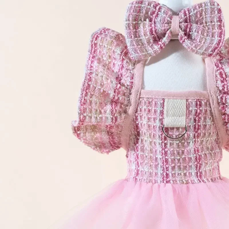 Cute Printed Pet Dress With Bow And Elastic Mesh Skirt