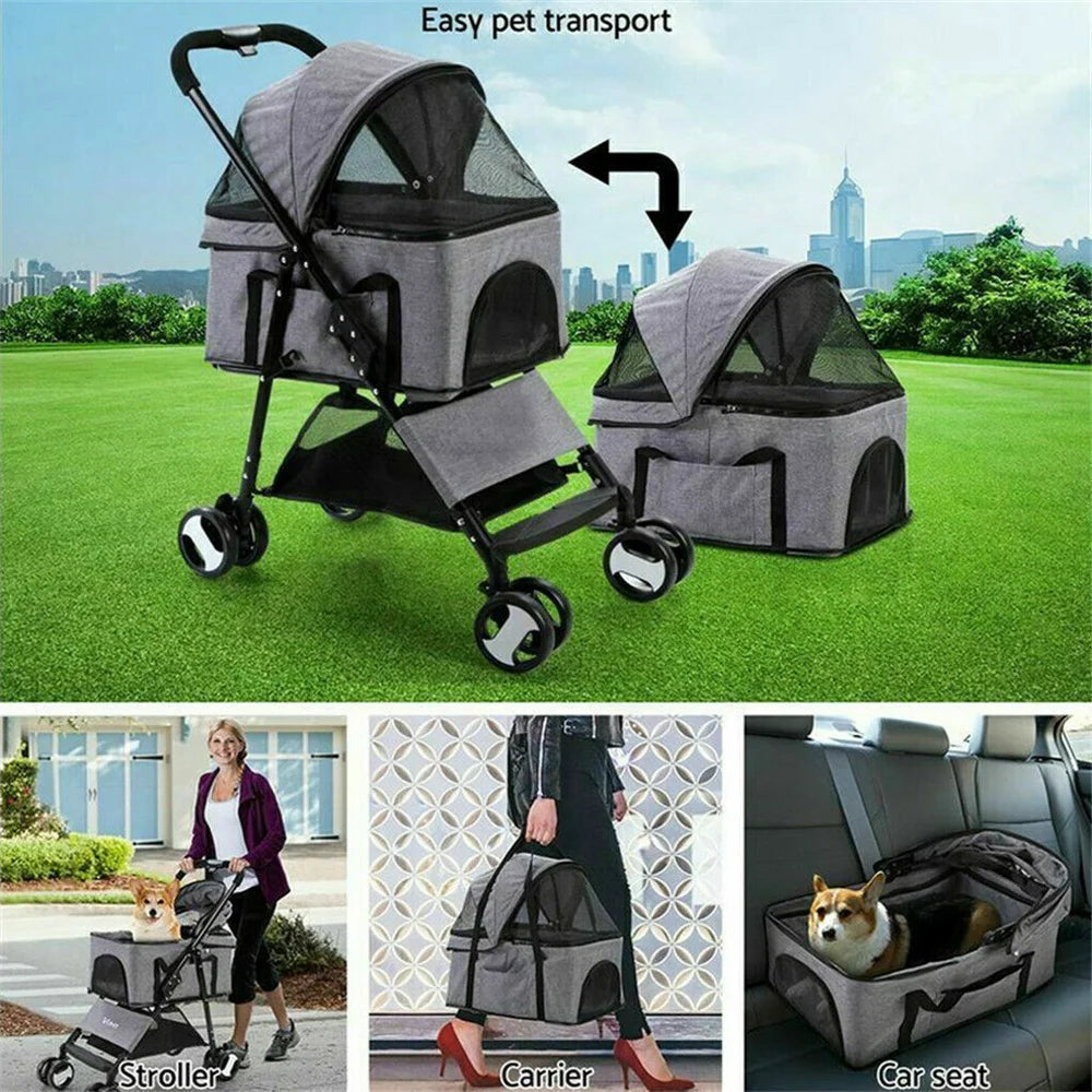 Foldable Pet Stroller With 360 Degree Wheels And Rain Cover