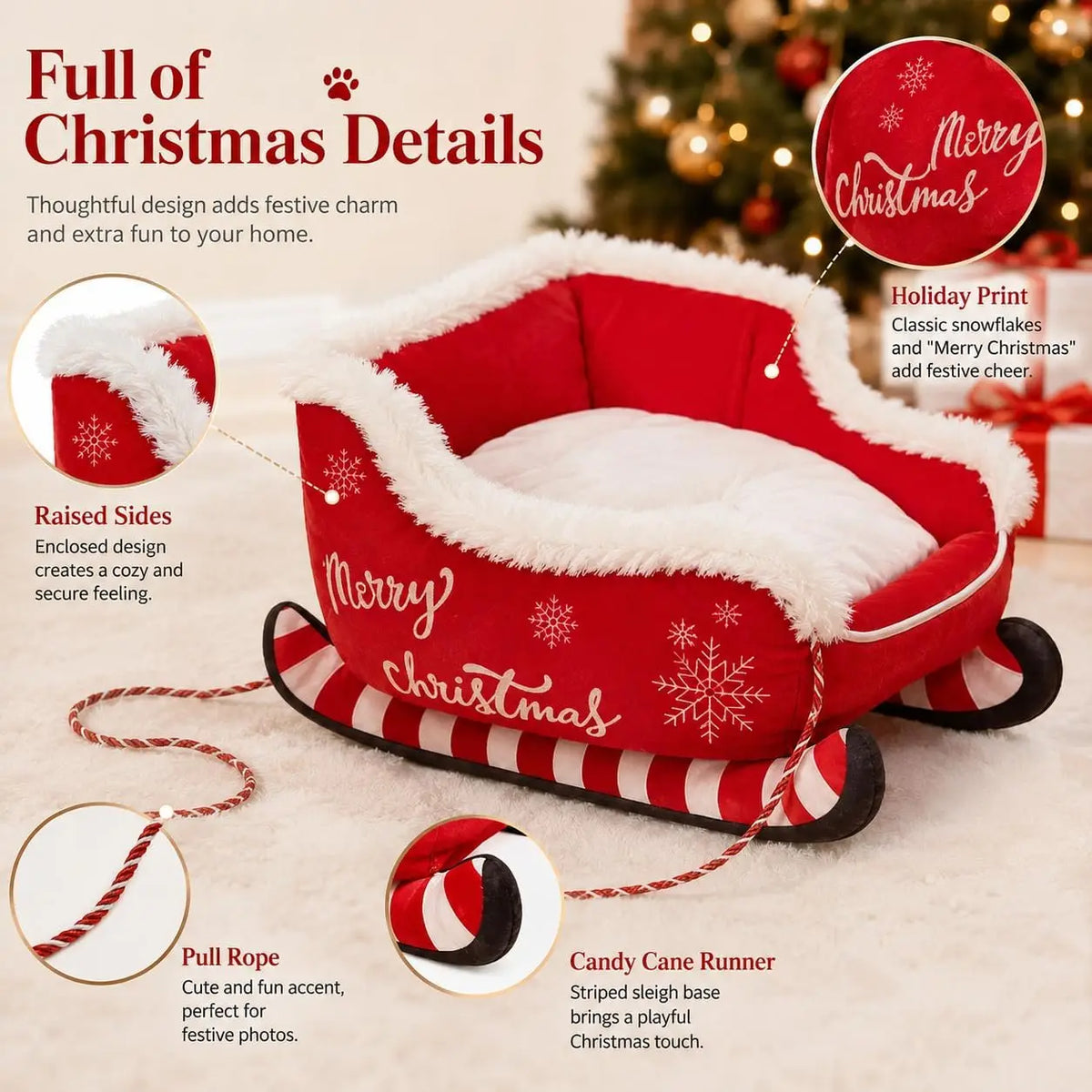 Christmas Dog Sleigh Bed With Plush Calming Raised Sides