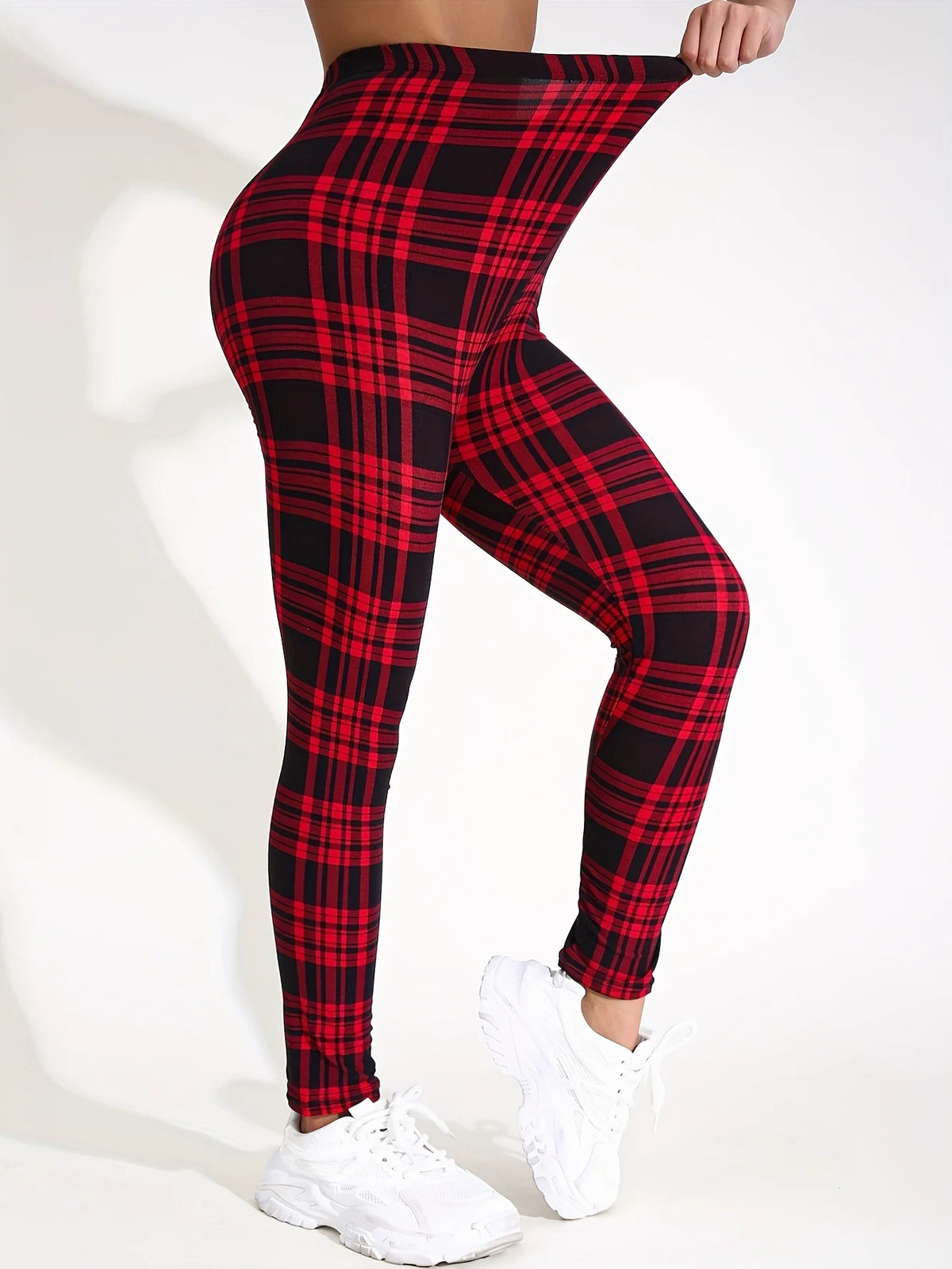 Women's High Waist Plaid Print Yoga Leggings With Utility Pockets
