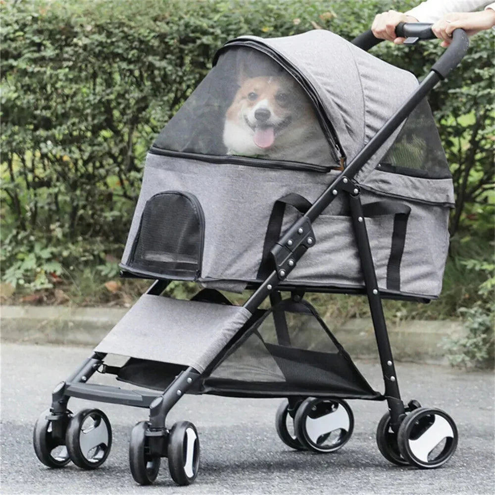 Foldable Pet Stroller With 360 Degree Wheels And Rain Cover