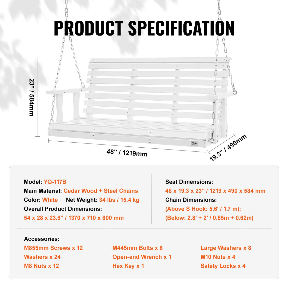 SucceBuy Cedar Wood Outdoor Porch Swing Bench With Steel Chains