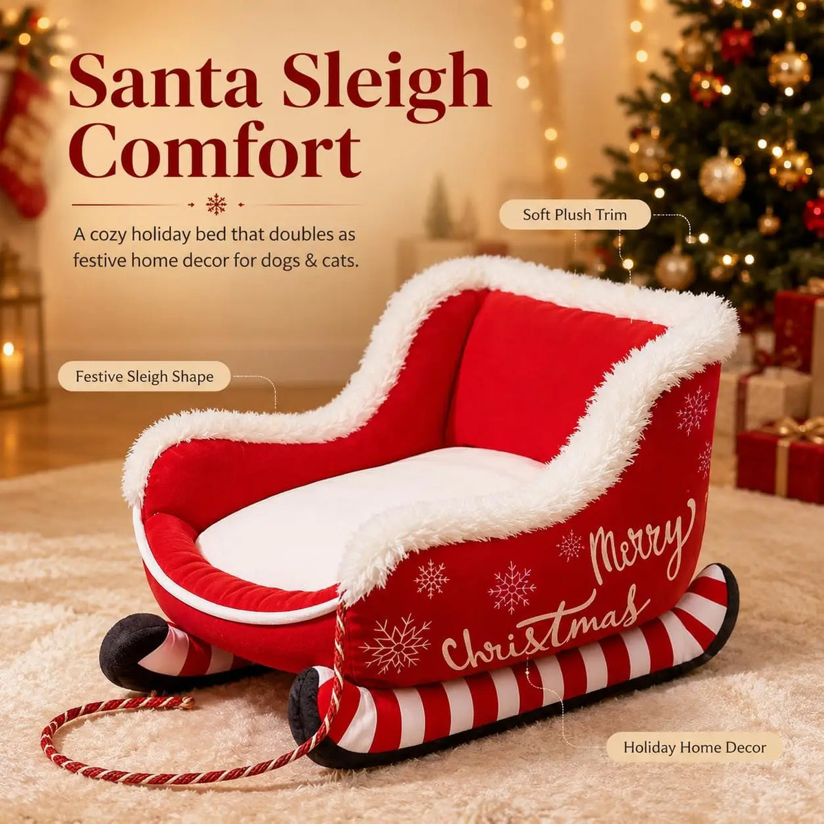 Christmas Dog Sleigh Bed With Plush Calming Raised Sides
